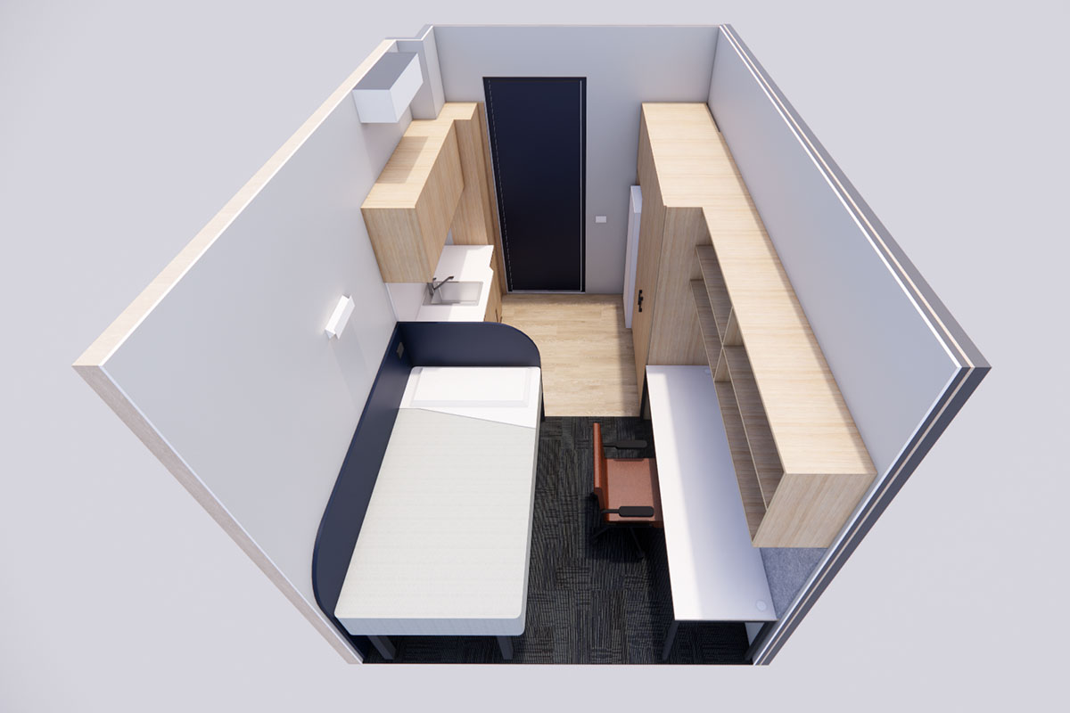 Caption under typical room: Architectural render of standard studio room at Blackfriars 