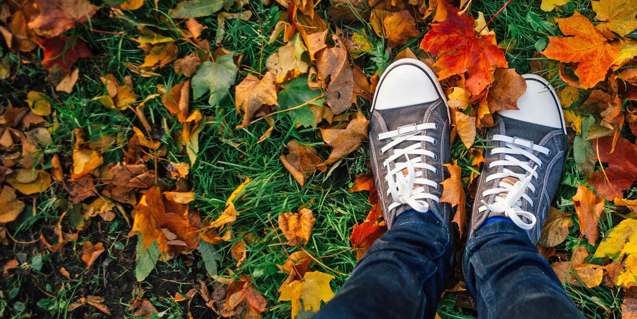 Close-up of feet standing on leafy ground